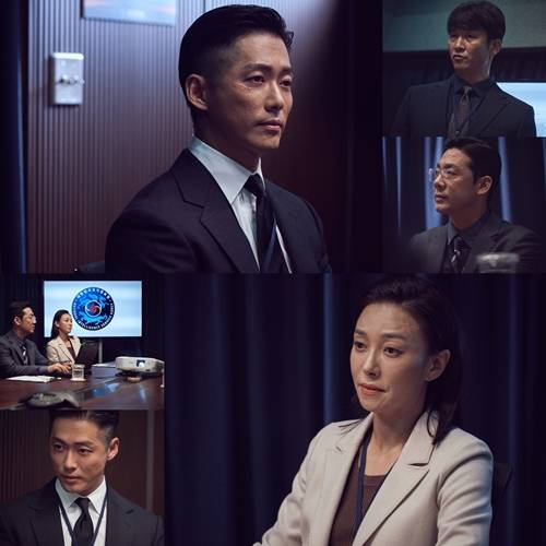 국정원 회의실을 배경으로 한자리에 모인 남궁민(한지혁 역), 장영남(도진숙 역), 김종태(강필호 역), 김도현(하동균 역)의 모습이 그려진다. 사진=MBC