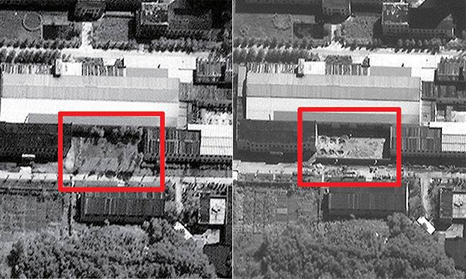북한 영변 우라늄 농축시설을 촬영한 위성사진. 지난달 3일 촬영분(왼쪽 사진)에는 빈 공간에 나무가 심어져 있었으나, 지난 14일에는 나무가 모두 뽑히고 땅이 골라진 자리에 6개의 구멍과 외벽이 생겼다. 전문가들은 북한이 핵시설 규모를 확장 중인 것으로 분석했다. 맥사테크놀로지 제공, AFP연합뉴스