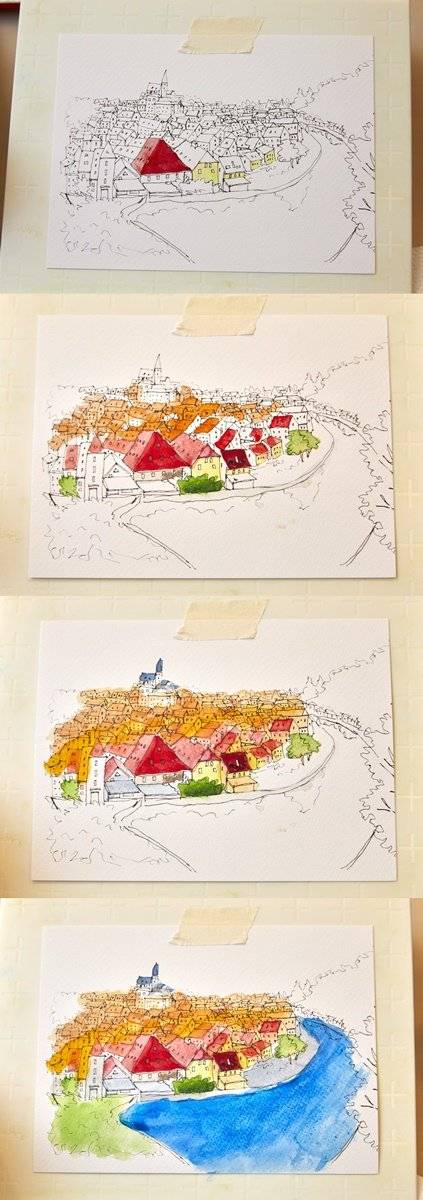 수채화 컬러링은 준비된 도안 위에 채색하는 것이기 때문에 초보자도 쉽게 할 수 있다. 그러데이션 기법을 활용해 원근감을 주면 도안에 건물이나 나무가 많아도 빠르게 채색할 수 있다.