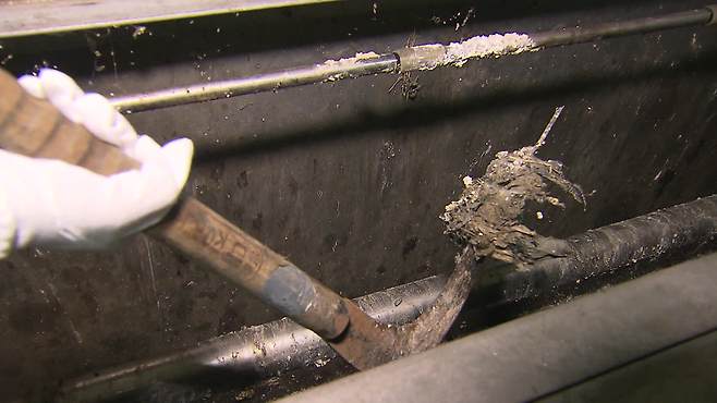 취재진이 하수처리시설 스크린 작업장에서 들어 올린 물티슈