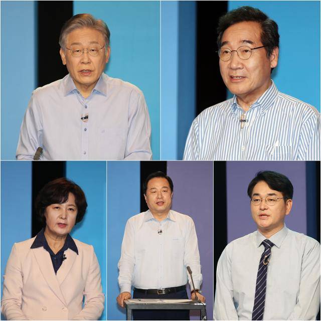 19일 오후 광주 남구 광주MBC 공개홀에서 더불어민주당 대선 예비후보들이 토론회를 열었다. 사진은 상단 왼쪽부터 시계 방향으로 이재명·이낙연·박용진·김두관·추미애 후보. 연합뉴스