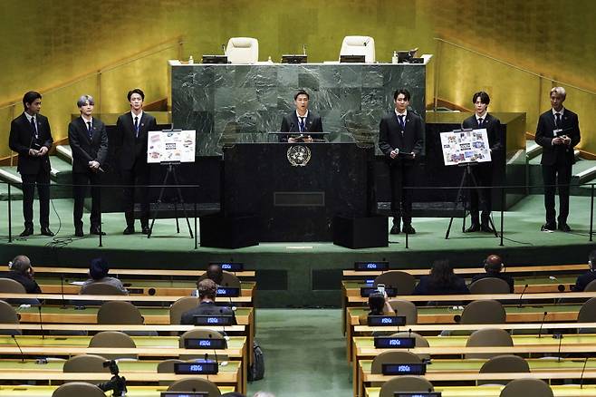 Boy band BTS poses at the United Nations General Assembly in New York on Monday. (Big Hit Music)