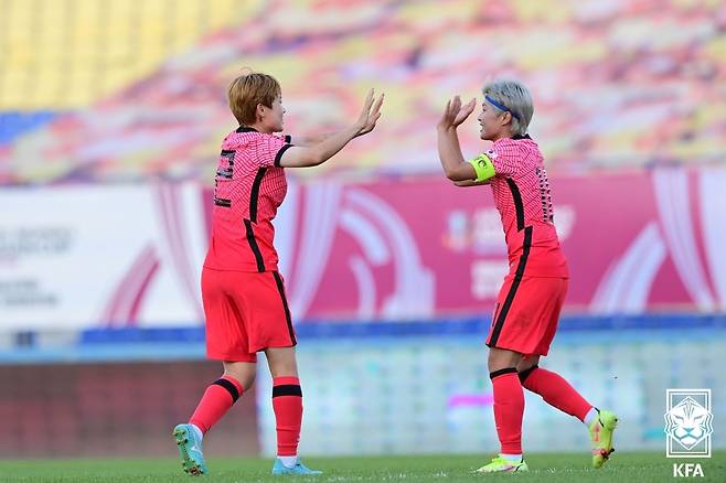 문미라(왼쪽)와 지소연(이상 여자 대표팀). 대한축구협회 제공
