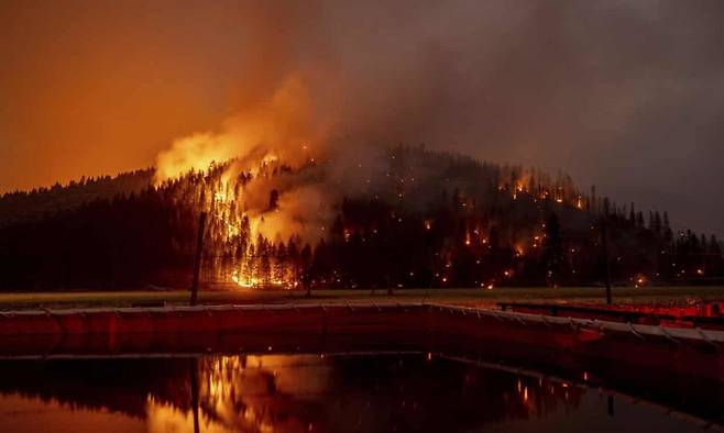 미국 캘리포니아 북부 제니시강변에서 딕시 산불이 화염을 내뿜고 있다. Ethan Swope/AP