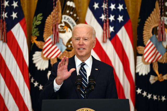 조 바이든 미국 대통령이 지난 3월 백악관에서 열린 기자회견에서 북한에 대해 발언하고 있다. 워싱턴=AFP 연합뉴스