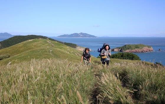 굴업도 개머리언덕을 걷고 있는 치도와 채울. 지금 개머리언덕은 수크령이 만발했다. 손민호 기자