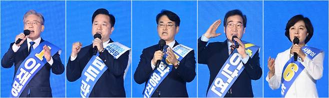 더불어민주당 대선 경선 후보들이 25일 오후 광주 서구 김대중컨벤션센터 1층 다목적홀에서 열린 광주·전남 지역경선 합동연설회에서 정견발표를 하고 있다. 왼쪽부터 기호순으로 이재명, 김두관, 박용진, 이낙연, 추미애 후보. (사진= 공동취재단)