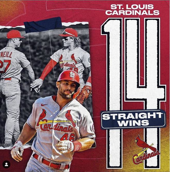 미국프로야구(MLB) 세인트루이스 카디널스가 14연승으로 86년 만에 구단 최다 연승 타이기록을 작성했다. [MLB닷컴 인스타그램 캡처]
