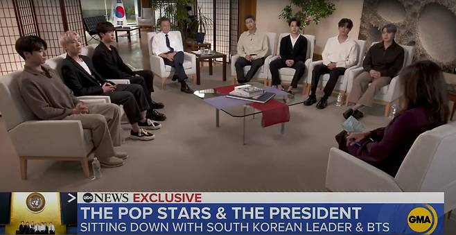 유엔 총회에 참석했던 문재인 대통령과 그룹 방탄소년단(BTS)이 함께한 인터뷰 영상이 24일(현지시각) 오전 미국 ABC방송 ‘굿모닝 아메리카’를 통해 방영됐다. (ABC방송 캡처) 2021.9.25/뉴스1