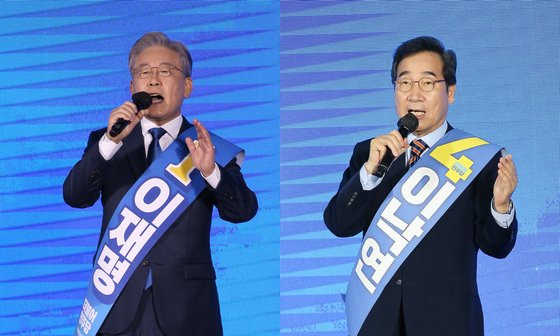 더불어민주당 대선 경선후보인 이재명 경기지사와 이낙연 당대표가 25일 오후 광주 김대중 컨벤션센타에서 열린 대선 후보자 선출을 위한 광주전남 합동 연설에서 정견을 밝히고 있다. 프리랜서 장정필
