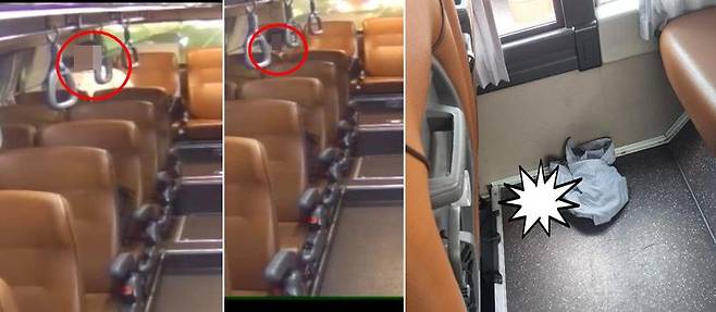 버스 맨 뒷좌석에 앉은 승객(맨 왼쪽 사진), 용변을 보기 위해 좌석 아래 공간에서 측면을 보고 앉은 승객(가운데 사진), 승객이 내린 뒤 그대로 남아 있는 대변 흔적./보배드림