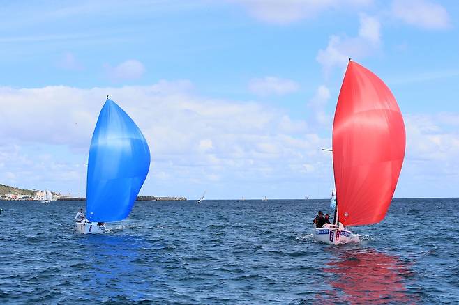 바람에 부푼 돛 (울진=연합뉴스) 26일 경북 울진 후포마리나항 앞에서 '제13회 코리아컵 국제요트대회'에 참가한 요트 선수들이 바다 위를 질주하고 있다. 2021.9.26 [코리아컵국제요트대회조직위원회 제공. 재판매 및 DB 금지]