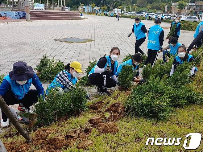 현대제철 가족봉사단은 송악읍 소재 안섬포구 안섬친수공원에서 회양목 1000주를 식재하는 미세먼지 저감 환경 캠페인 봉사활동을 펼쳤다 © 뉴스1