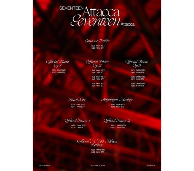 그룹 세븐틴이 미니 9집 'Attacca'로 컴백을 앞두고 프로모션 스케줄러를 공개했다. 플레디스엔터테인먼트 제공