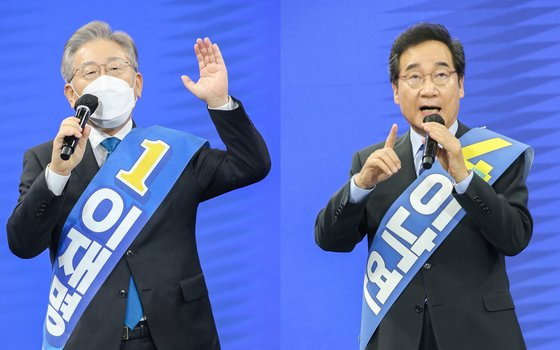 26일 민주당 전북 경선이 열린 전북 완주 우석대 체육관에서 이재명 경기지사(왼쪽)와 이낙연 전 대표가 연설하고 있다. 중앙포토