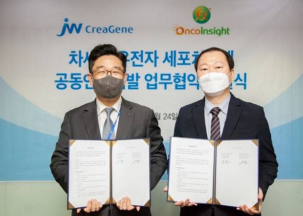 (사진 왼쪽부터)박찬희 JW크레아젠 대표와 나득채 온코인사이트 대표가 기념촬영을 하고 있다./사진 제공=JW크레아젠
