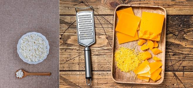 코티지 치즈(왼쪽)과 체다 치즈. 게티이미지뱅크