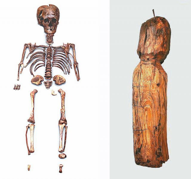 2000년 10월 국립경주박물관 내 우물에서 출토된 신장 123.8cm 정도로 추정되는 아이 유골. 전문가들에 따르면 유골의 성별을 알 수 없으나 나이는 7, 8세로 추정된다(왼쪽 사진). 2005년 2월 경남 창녕 화왕산 연못에서 발굴된 길이 49.1cm의 목각 여인상. 가장자리를 따라가며 붓으로 그린 여인의 세부 모습이 남아있고 머리에 작은 쇠못이 박혀 있다. 국립경주박물관 제공·국립김해박물관 제공