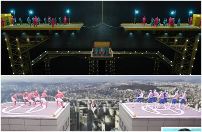 오징어게임 줄다리기 장면(맨 위)과 무한도전 줄다리기 장면. [넷플릭스·MBC 유튜브 채널 '오분순삭' 캡처]