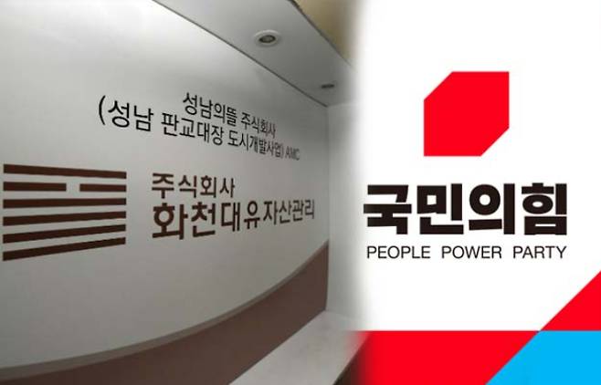 왼쪽부터 화천대유 사무실, 국민의힘 로고. 이한형 기자, 국민의힘 홈페이지 캡처