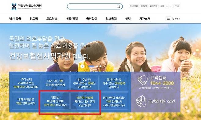 건강보험심사평가원 홈페이지에서 확인할 수 있는 비급여 관련 메뉴(빨간 네모). 건강보험심사평가원 홈페이지 캡처