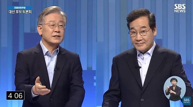 더불어민주당 대권주자인 이재명 경기지사(왼쪽)와 이낙연 전 대표가 28일 SBS TV토론회에서 토론하는 모습 [SBS 방송 유튜브 캡처]