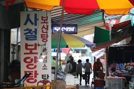 문재인 대통령의 '개고기 식용 금지 검토' 입장이 알려진 가운데 28일 오후 대구 칠성시장 골목 안 보신탕 식당에서 식사를 마친 시민들이 이야기 나누고 있다. 뉴스1