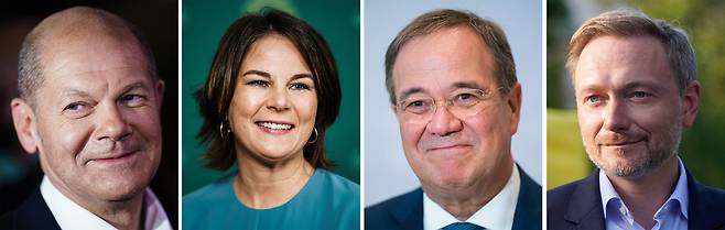 수개월이 걸릴 것으로 예상되는 연정 구성 협상에서 차기 독일 정부의 '총리'와 '킹메이커'를 꿈꾸는 주요 정당 대표들. 왼쪽부터 욜라프 숄츠 사민당 대표, 아날레나 베어보크 녹생당 공동대표, 아르민 라셰트 기민-기사당 연합 대표, 크리스티안 린드너 자민당 대표. /EPA 연합뉴스