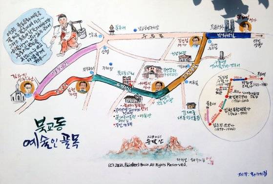 목포 북교동 예술인 골목 지도. 예술인 골목에 사는 화가 정태관씨 작품이다. 골목에 설치돼 있다. 북교동은 목원동의 옛 이름이다. 옥단이길이 이 골목도 지난다.