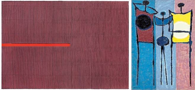 박서보 ‘묘법 No. 100716’(2010)(왼쪽)은 낙찰가 5억4000만원, 김환기 ‘무제’(1960)은 4억6000만원에 낙찰됐다. [케이옥션 제공]