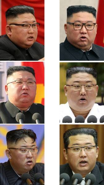 안경 낀 김정은 북한 국무위원장. 사진 왼쪽 위부터 1월10일 당 중앙위 전원회의, 2월8~11일 당 중앙위 전원회의, 3월23일 평양시 1만세대 살림집 건설 착공식, 4월8일 당 세포비서대회, 7월24~27일 조선인민군 지휘관정치일꾼 강습회, 9월29일 최고인민회 모습(사진=뉴스1).