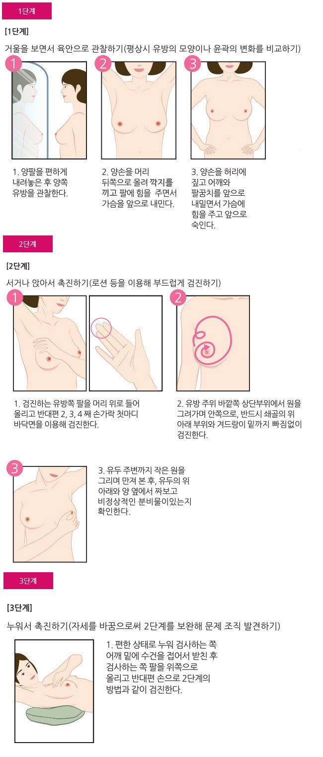 유방암 자가검진법. (출처-대한유방암학회)