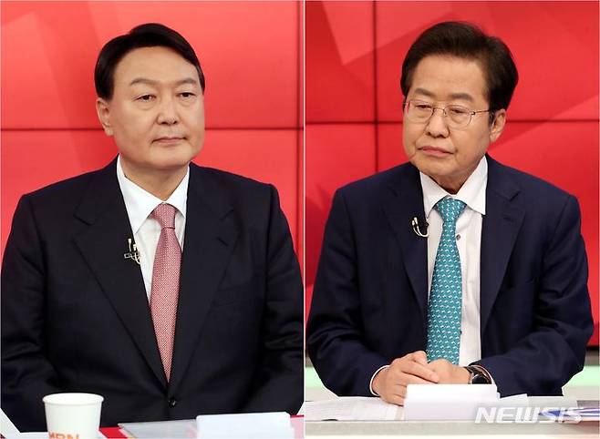1일 열린 국민의힘 대선 경선 5차 TV토론회에 참석한 윤석열(왼쪽) 전 검찰총장과 홍준표 의원. /뉴시스
