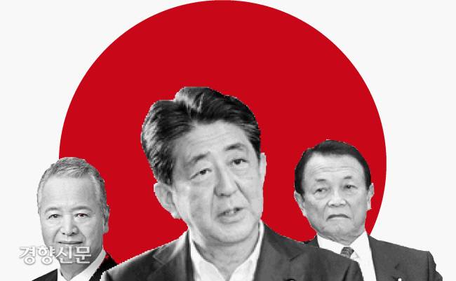 왼쪽부터 아마리 아키라 자민당 간사장, 아베 신조 전 총리, 아소 다로 전 부총리