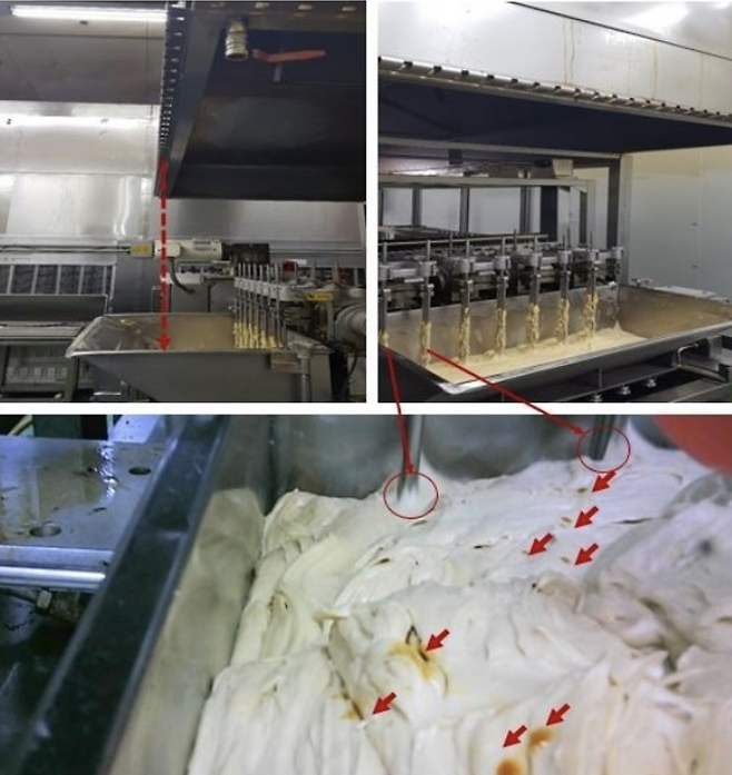 후드에서 유증기가 떨어진다고 가정하면 직선으로 떨어져야 하지만 제보된 영상은 설비 위치와 다르게 세로 형태로 산발적으로 분포되어 있다. /사진=비알코리아