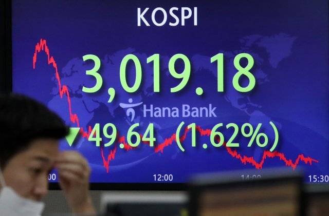 1일 오후 서울 중구 하나은행 딜링룸 전광판. 이날 코스피 지수는 전 거래일보다 49.64%(1.62%) 하락한 3,019.18에 거래를 마쳤다. / 사진제공=뉴시스