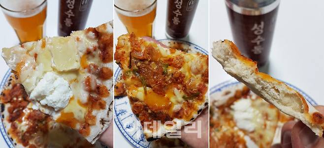 우주인피자 ‘파이브치즈’(왼쪽)와 ‘김치피자’(가운데) 조각. 도우는 적당히 두껍고 쫄깃하다.(사진=김범준 기자)
