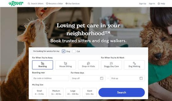 5가지 반려동물돌봄서비스를 선택할 수 있는 로버의 홈페이지. [사진 로버 홈페이지]