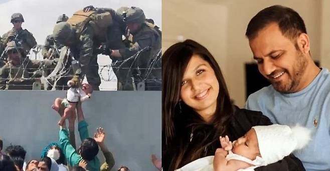공항 철조망을 통해 미군에게 넘겨지던 아기와 현재 하미드 가족의 모습. 사진=로이터 연합뉴스