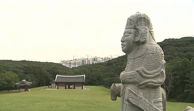 유네스코 세계유산 김포 장릉. 그리고, 경관을 해치는, 한창 짓다 공사 중지된 검단신도시 아파트 [SBS 뉴스화면 캡쳐]