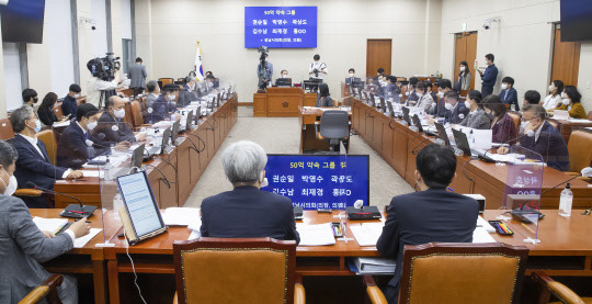 박수영 국민의힘 의원이 6일 국회에서 열린 정무위원회의 금용위원회 국정감사에서 '화천대유 50억 클럽 명단'을 공개하고 있다. 국회사진기자단=연합뉴스