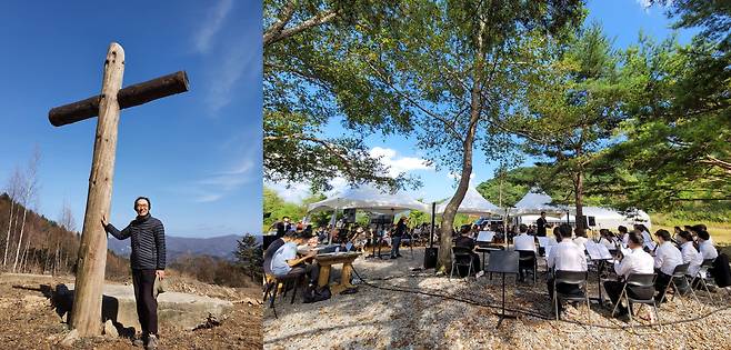 노숙인을 돕는 산마루공동체 이주연 목사(왼쪽)와 지난 9월 11일 강원 평창 산마루공동체에서 열린 음악회 모습. /김한수 기자-산마루공동체