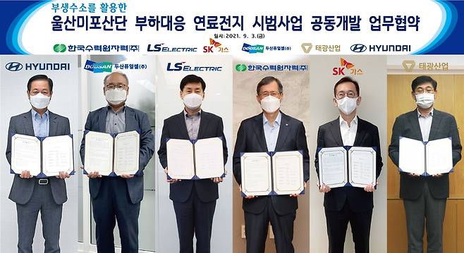 한국수력원자력, LS일렉트릭, SK가스, 두산퓨얼셀, 태광산업, 현대자동차가 9월 3일 비대면으로 '울산미포산단 부하대응 연료전지 시범사업 공동개발을 위한 업무협약'을 체결했다. (왼쪽부터) 김세훈 현대자동차 연료전지사업부장, 유수경 두산퓨얼셀 대표이사, 박용상 LS일렉트릭 대표이사, 정재훈 한국수력원자력 대표이사, 윤병석 SK가스 대표이사, 정찬식 태광산업 대표이사. /LS일렉트릭 제공