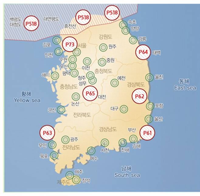 비행금지구역과 관제권 설정현황. P73이 수도권, P518이 휴전선 부근이다. 녹색 원은 관제권 설정 지역. [자료 국토교통부]