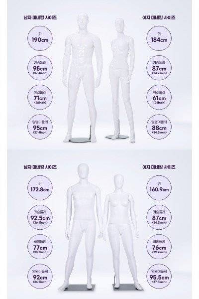 기존의 마네킹 사이즈(위)와 '차별 없는 마네킹' 사이즈(아래)표. 치도X샌드박스