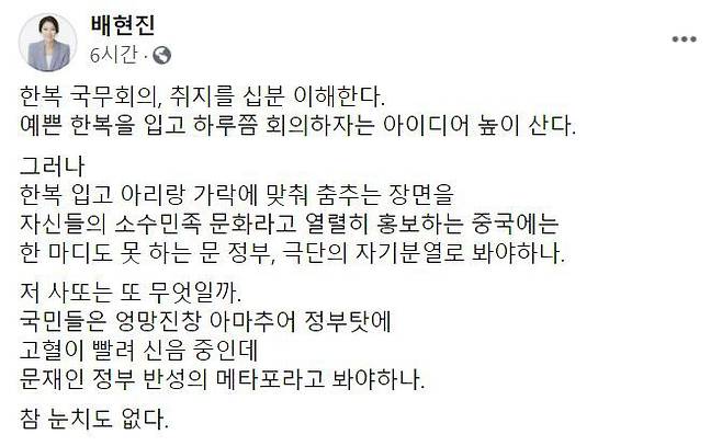 배현진 국민의힘 최고위원이 쓴 글. /페이스북