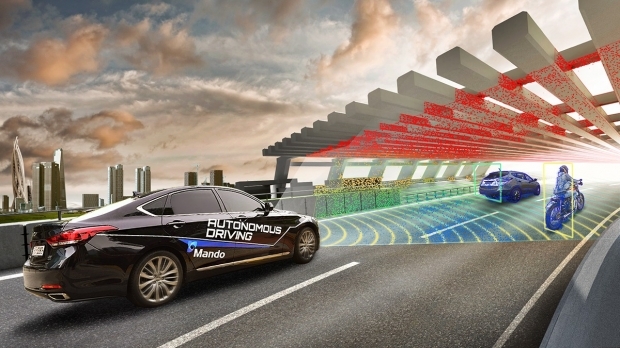 만도 자율주행차 ‘하키’에 장착된 4D 이미징 레이더가 주행 환경을 인식하는 모습. 사진=만도