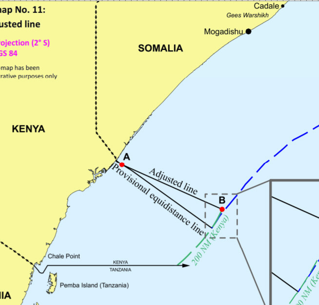 A점에서 B점까지 그어진 선은 유엔 국제사법재판소(ICJ)가 설정한 케냐와 소말리아 배타적경제수역(EEZ) 경계. 그 아래 선은 소말리아가 주장한 경계선. 유엔 국제사법재판소(ICJ) 제공