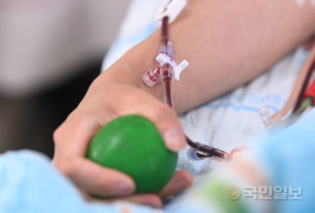 조혈모세포 기증자 나모씨가 10월 충남대병원 혈액원에서 혈액성분채집기를 이용해 림프구 기증을 하고 있다.