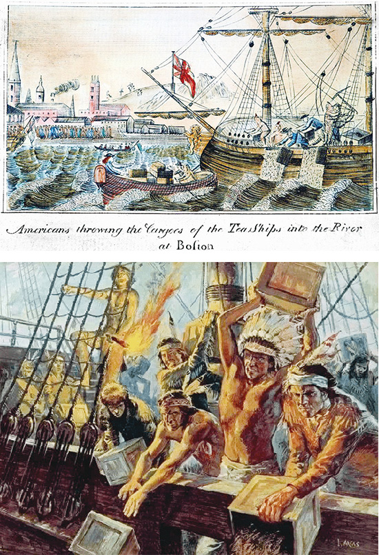 (위) 보스턴 티파티를 표현한 그림. (아래) 보스턴 시민들은 인디언 복장을 하고 영국에서 온 배에 올라가 차를 바다에 던졌다.